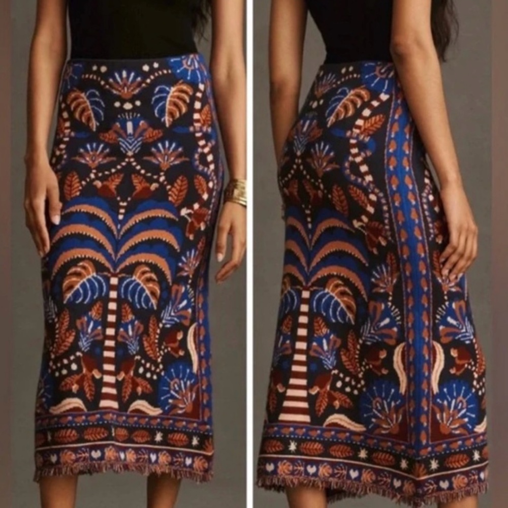 FARM Rio Nature Beauty Blue Scarf Knit Midi Skirt XS